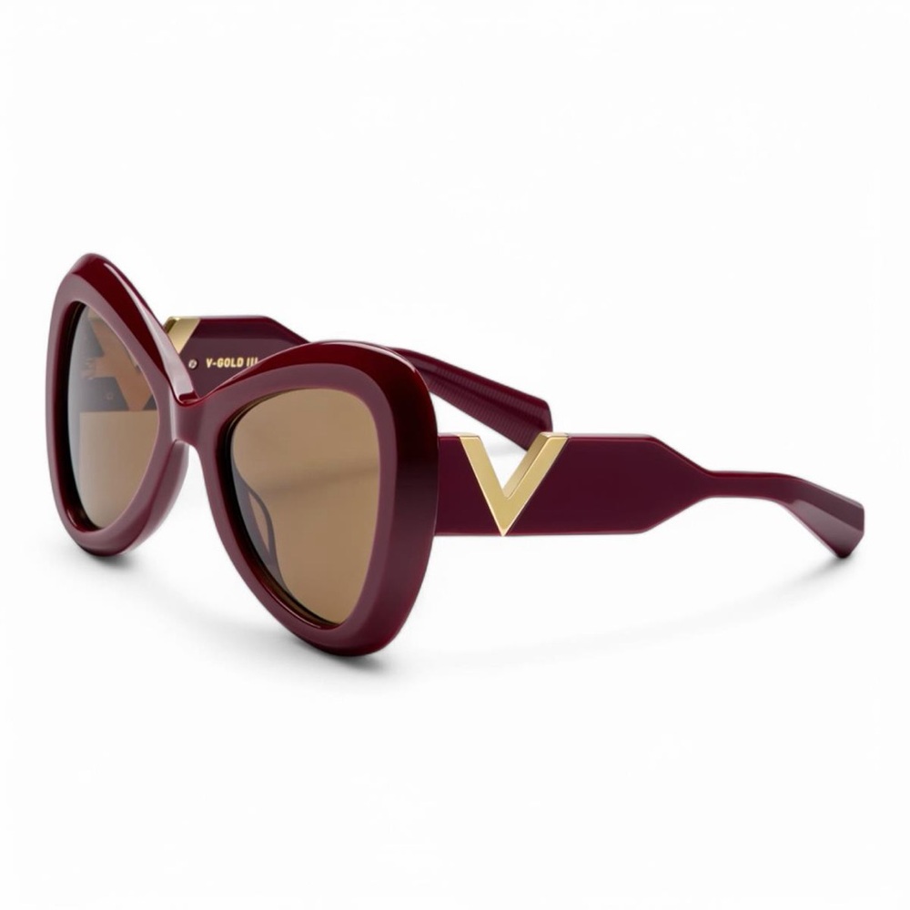 New! Valentino V GOLD III VLS 138B, Burgundy Butterfly Sunglasses, Authentic